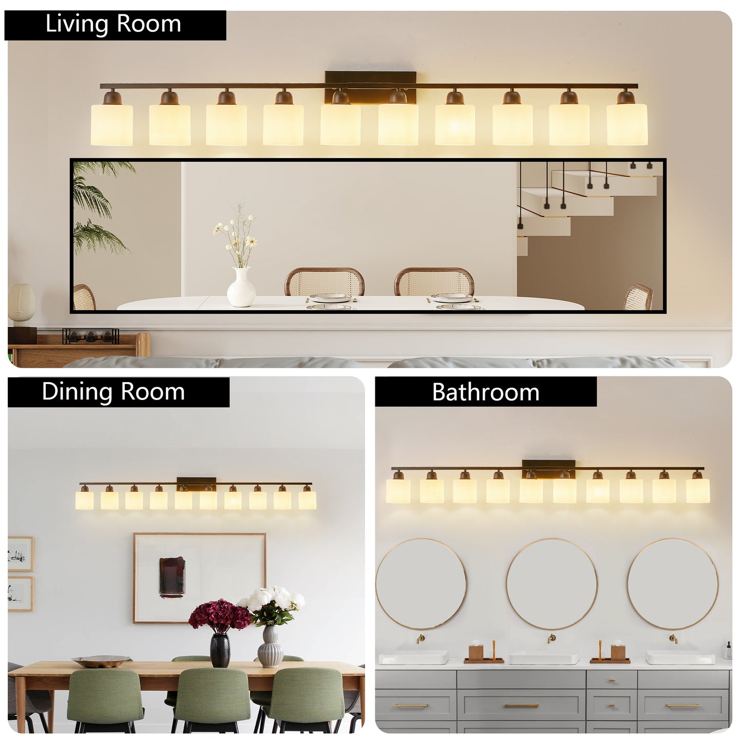 10 Light Bathroom Vanity Lights Over Mirror, 65.4 inch Black Vanity Lights Fixtures with White Glass Shades Matte Black Modern Vanity Lights Black Bathroom Wall Lighting for Mirror Bedroom