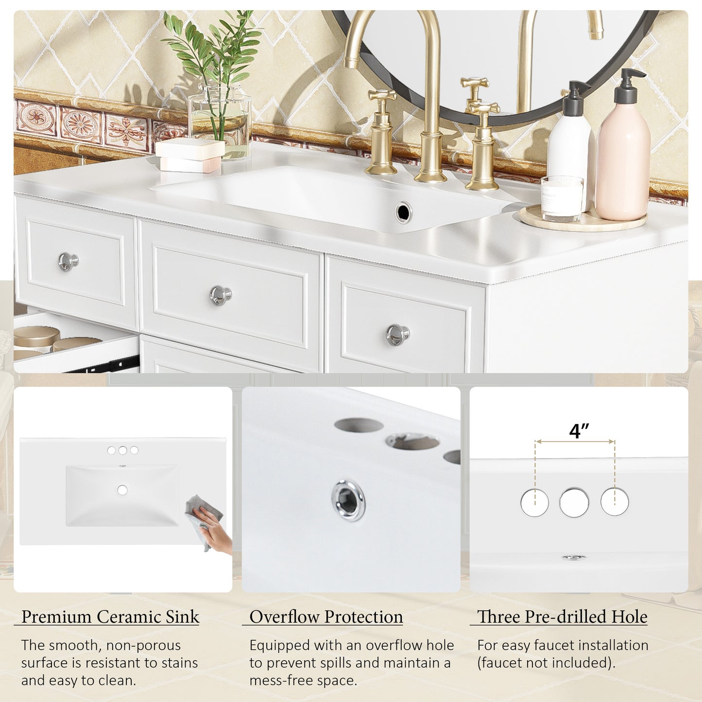 36" Bathroom Vanity with Ceramic Sink, White, Solid Wood Frame, Soft Close Doors, Adjustable Shelves, 3 Drawers ,Including Double-Depth Drawer for Hairdryer Storage