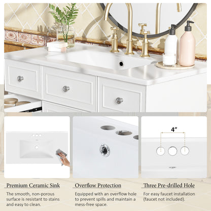 36" Bathroom Vanity with Ceramic Sink, White, Solid Wood Frame, Soft Close Doors, Adjustable Shelves, 3 Drawers ,Including Double-Depth Drawer for Hairdryer Storage