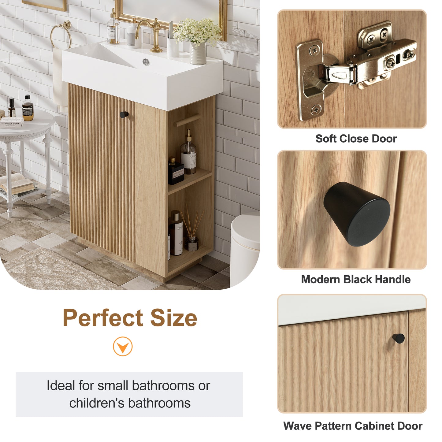 21.6" bathroom vanity with ceramic sink, freestanding modern left door wood grain cabinet with open and closed storage for small bathrooms