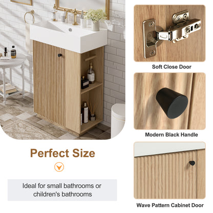 21.6" bathroom vanity with ceramic sink, freestanding modern left door wood grain cabinet with open and closed storage for small bathrooms