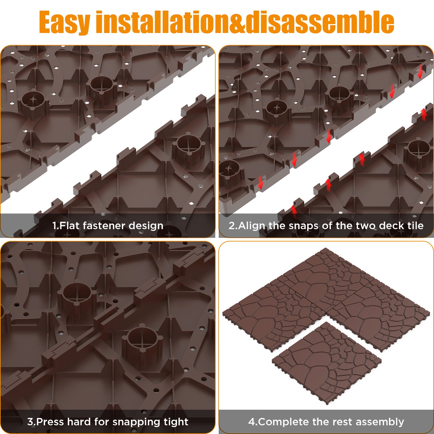 Stone texture 12" Patio Deck Tiles, DIY Module Interlocking Decking Tiles Floor Tile,Easy and Quick Installation Court Tiles for Porch Poolside Balcony Backyard 44pcs  Brown