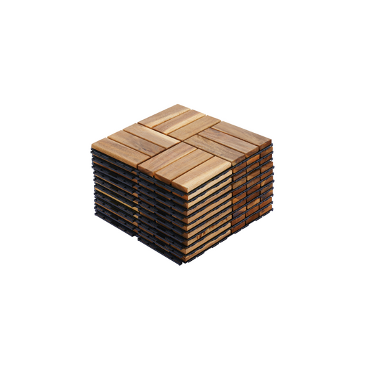 10 PCS Interlocking Deck Tiles Checker Pattern, 12" x 12" Square Yellow Acacia Hardwood Outdoor Flooring for Patio, Bancony, Pool Side