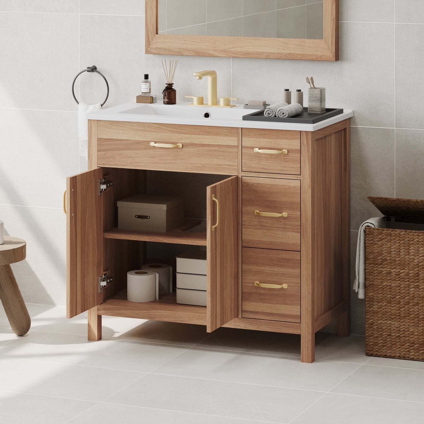 36" Wood Bathroom Vanity with Solid Wood Frame, 2 Soft Close Doors, 3 Soft Close Drawers, Adjustable Shelf, Modern Storage Cabinet for Small Bathrooms