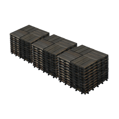 Acacia Wood Interlocking Deck Tiles Checker Pattern, 30 PCS  12" x 12" Dark Brown Square Acacia Hardwood Outdoor Flooring for Patio, Bancony, Pool Side