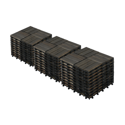 Acacia Wood Interlocking Deck Tiles Checker Pattern, 30 PCS  12" x 12" Dark Brown Square Acacia Hardwood Outdoor Flooring for Patio, Bancony, Pool Side
