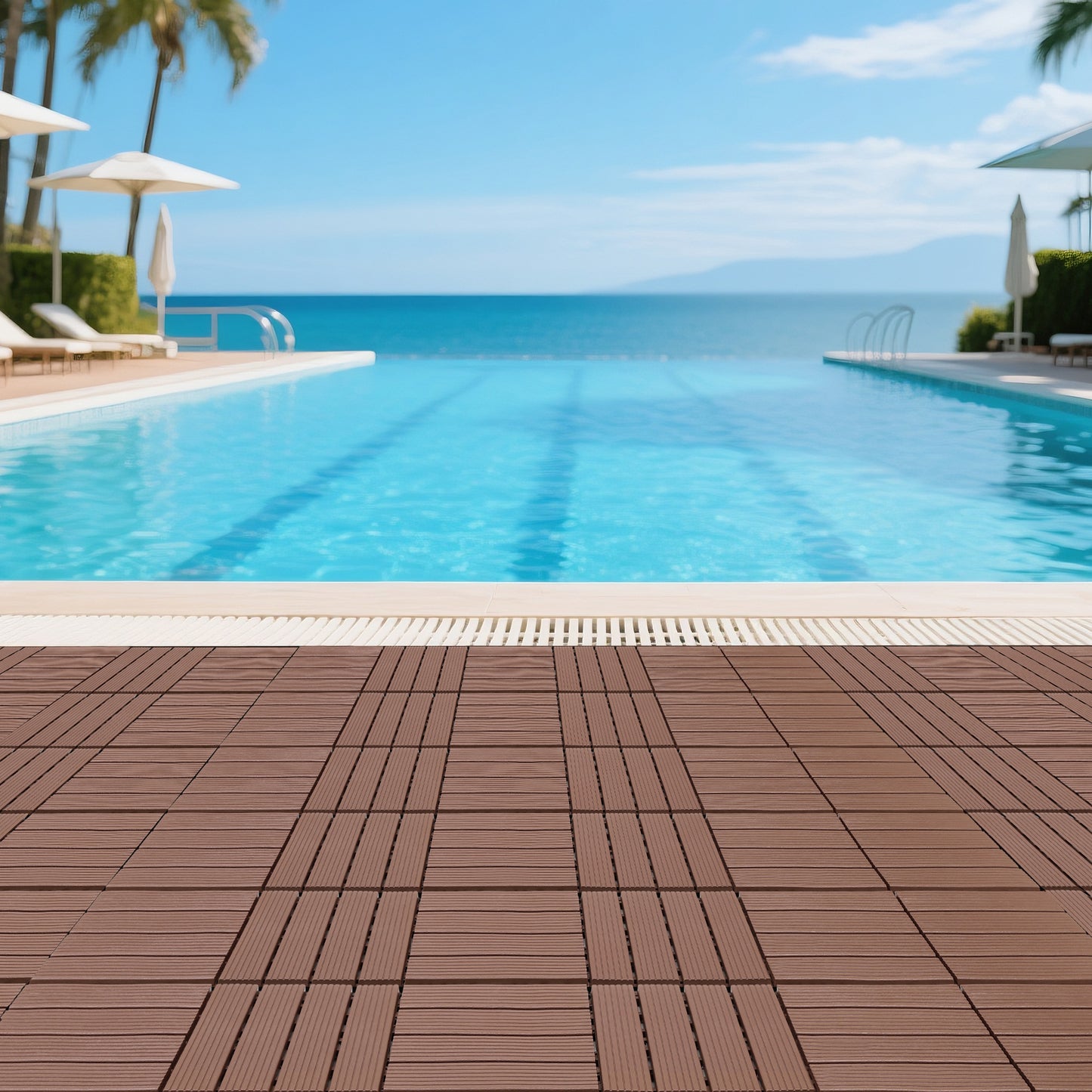 Plastic interlocking decking tiles, 44 packs of terrace decking tiles, 12 inches x 12 inches waterproof for all-weather use, backyard pool decking tiles, Brown
