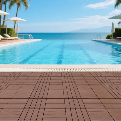 Plastic interlocking decking tiles, 44 packs of terrace decking tiles, 12 inches x 12 inches waterproof for all-weather use, backyard pool decking tiles, Brown