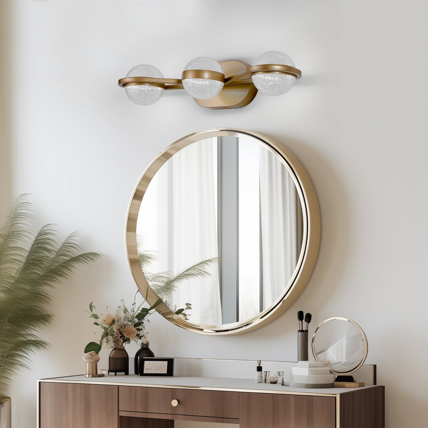 Bathroom Vanity Light, LED 3 Bulb Crystal Sand Acrylic Shades, Wall Mounted Decorative Lighting Fixture, Suitable for Bathroom Vanity Mirror (Champagne Gold)