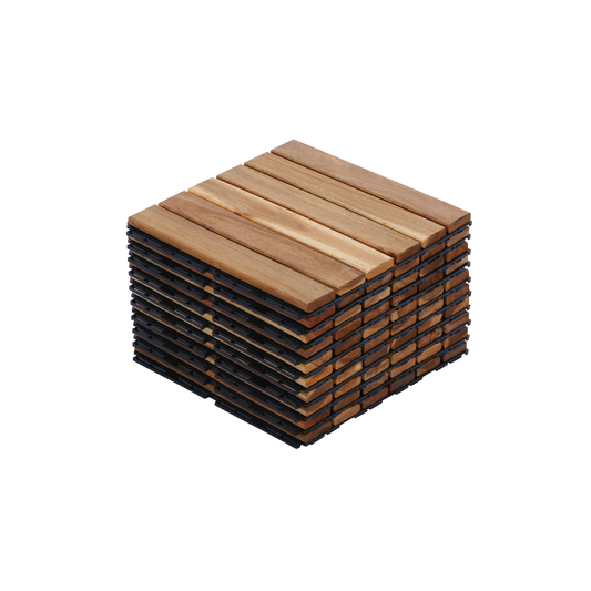 10 PCS Interlocking Deck Tiles Striped Pattern, 12" x 12" Square Yellow Acacia Hardwood Outdoor Flooring for Patio, Bancony, Pool Side