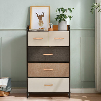 4-Tier Organizer Tower Steel Frame Wooden Top Storage with 5-Drawer Dresser-Muticolor