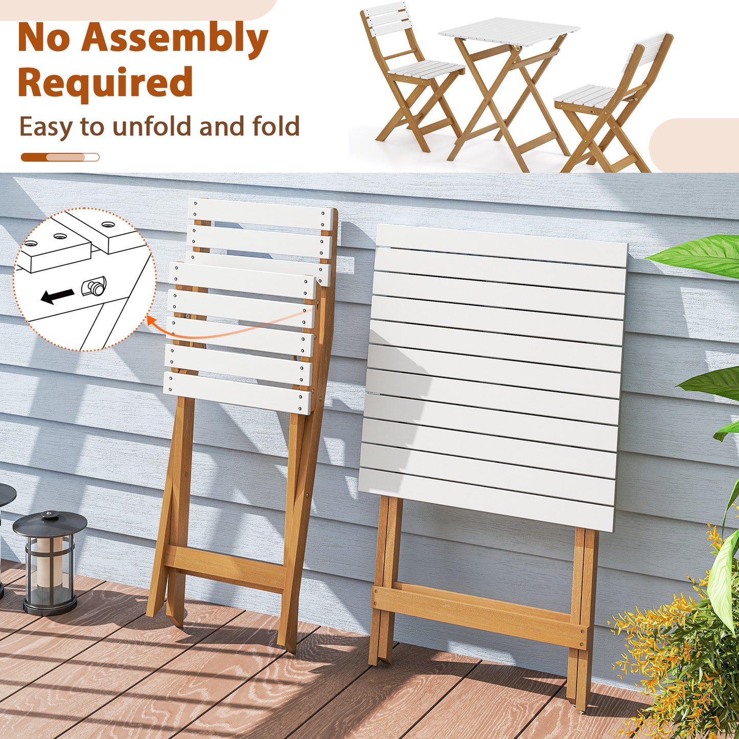 3 Piece Folding Patio Bistro Set with Foldable Design Acacia Wood Porch Chairs and Square Table