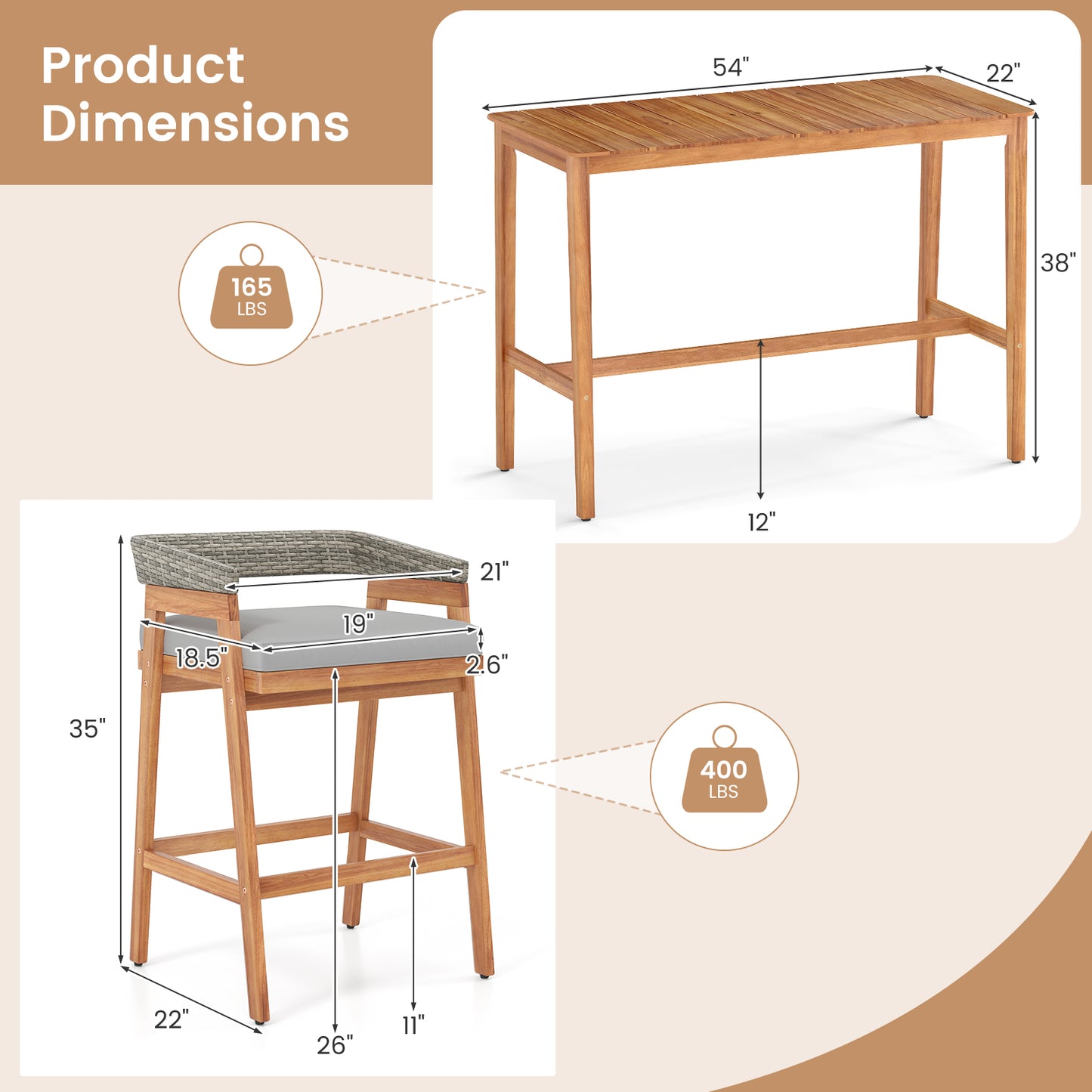 3 Pieces Patio Counter Height Bar Set with 2 Cushioned Barstools