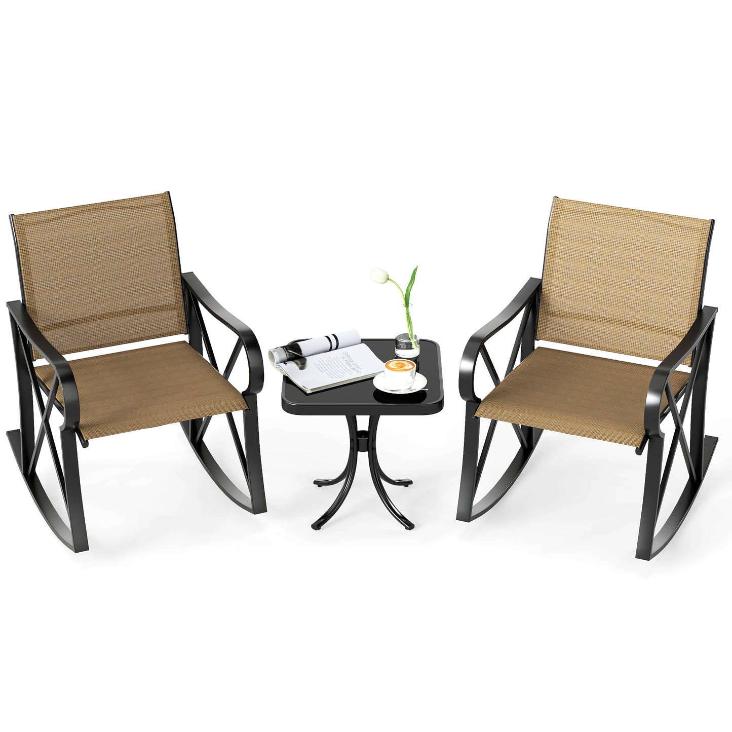 3 Piece Patio Rocking Set with Smooth Rocking Motion Outdoor Rocker Chair Bistro Set -Brown