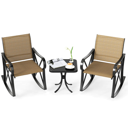 3 Piece Patio Rocking Set with Smooth Rocking Motion Outdoor Rocker Chair Bistro Set -Brown