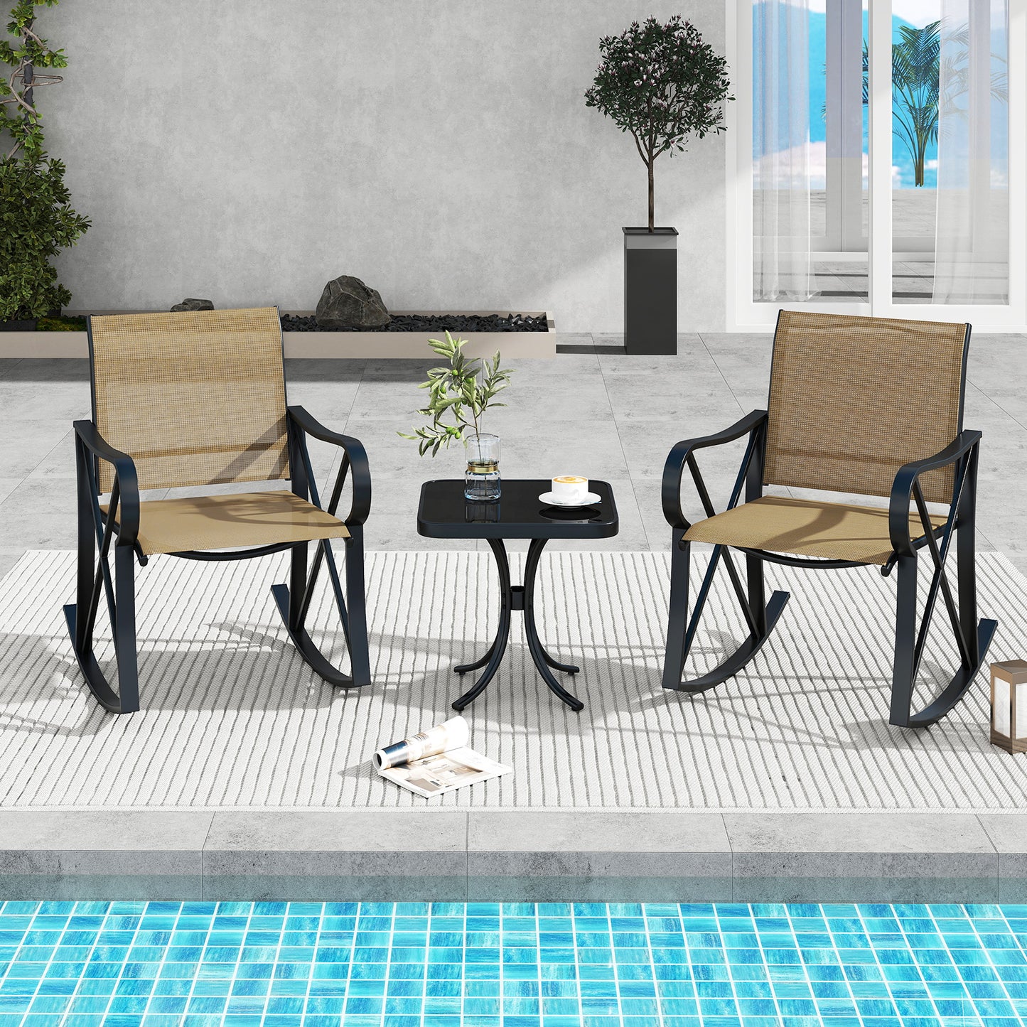 3 Piece Patio Rocking Set with Smooth Rocking Motion Outdoor Rocker Chair Bistro Set -Brown