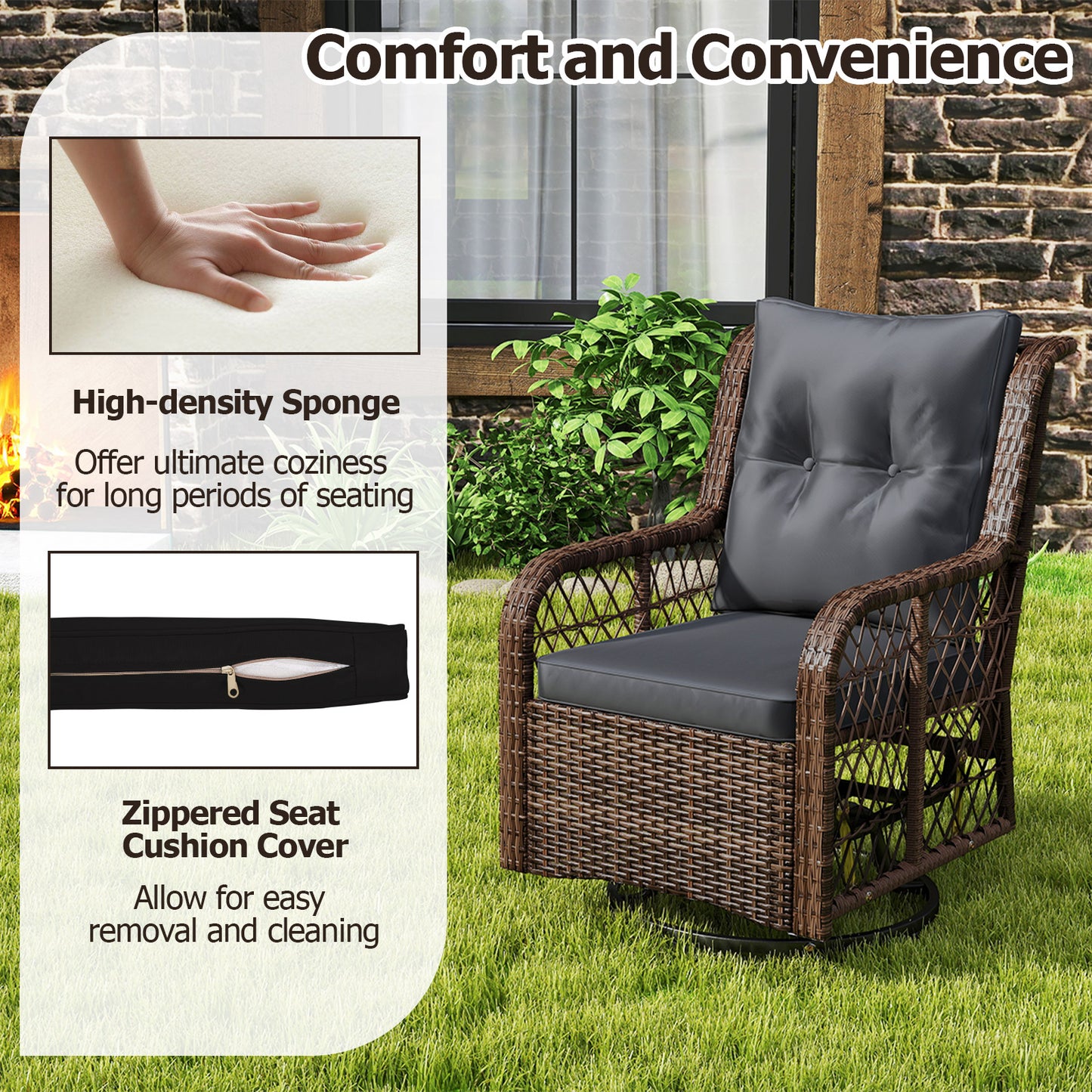 3 Pieces Patio Furniture Set PE Wicker Swivel Glider Chairs with 2-Tier Side Table and Cushions-Black