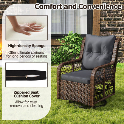 3 Pieces Patio Furniture Set PE Wicker Swivel Glider Chairs with 2-Tier Side Table and Cushions-Black