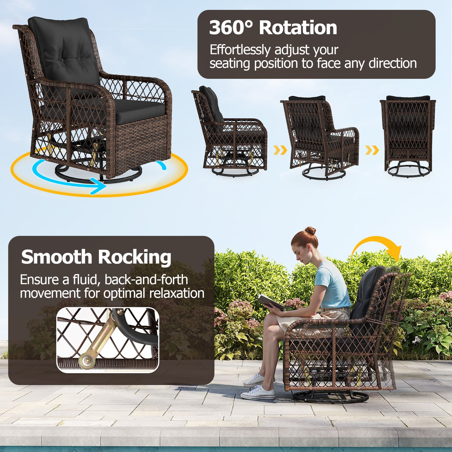 3 Pieces Patio Furniture Set PE Wicker Swivel Glider Chairs with 2-Tier Side Table and Cushions-Black