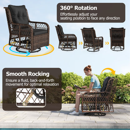 3 Pieces Patio Furniture Set PE Wicker Swivel Glider Chairs with 2-Tier Side Table and Cushions-Black
