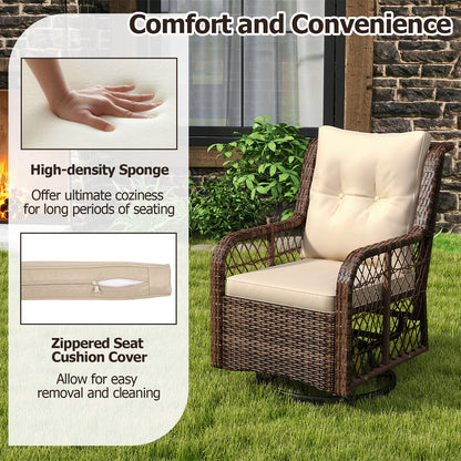 3 Pieces Patio Furniture Set PE Wicker Swivel Glider Chairs with 2-Tier Side Table and Cushions-Brown