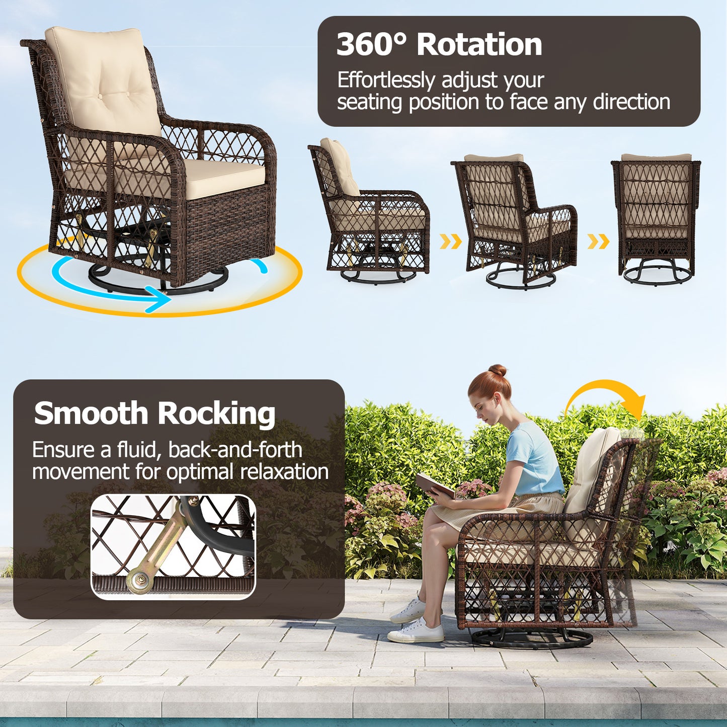 3 Pieces Patio Furniture Set PE Wicker Swivel Glider Chairs with 2-Tier Side Table and Cushions-Brown
