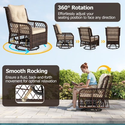 3 Pieces Patio Furniture Set PE Wicker Swivel Glider Chairs with 2-Tier Side Table and Cushions-Brown