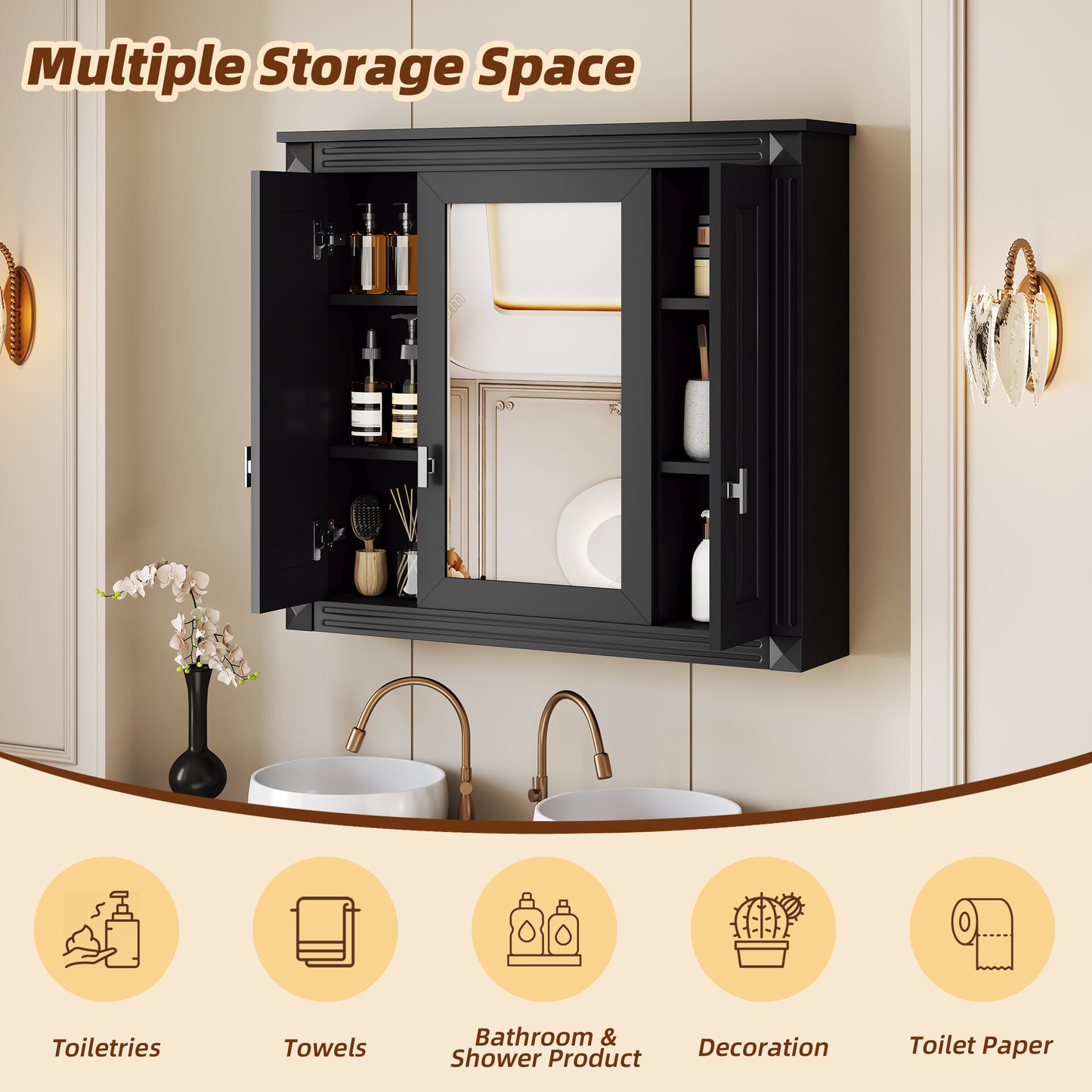 Bathroom Wall Cabinet with Mirror, Wall Mounted Medicine Cabinet with 4 Shelves, Mirrored Door Over Toilet Storage Cabinet