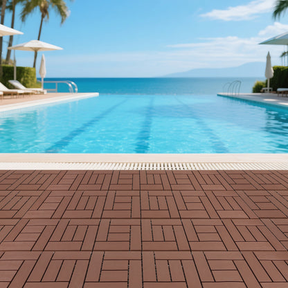 12-inch interlocking deck tiles, DIY modular interlocking decking floor tiles, indoor and outdoor floor tiles, courtyard floor tiles that easy to install quickly ,44 pieces, Brown