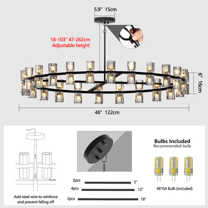 48 Inches Luxury Chandeliers Crystal Living Room Decorative Lights Simple Modern Dining Room LED Lighting,for Home Decor (Bulbs Included) Black