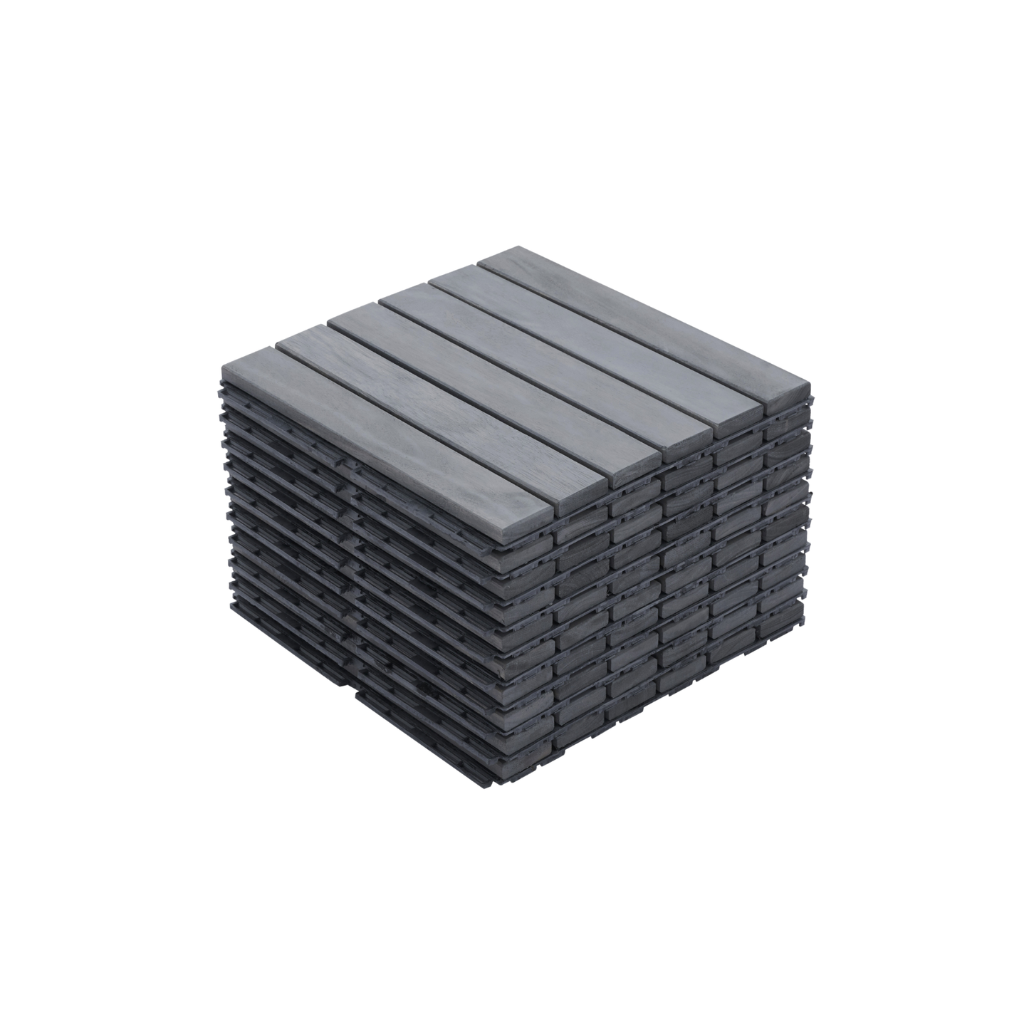 10 PCS Interlocking Deck Tiles Striped Pattern, 12" x 12" Square Light Gray Acacia Hardwood Outdoor Flooring for Patio, Bancony, Pool Side