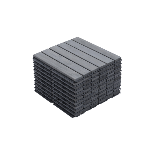 10 PCS Interlocking Deck Tiles Striped Pattern, 12" x 12" Square Light Gray Acacia Hardwood Outdoor Flooring for Patio, Bancony, Pool Side