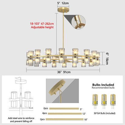Modern 36" Gold Round Chandelier Light Fixture, K9 Crystal Chandeliers for Dining Room, Living Room, Dining Room Chandeliers Over Table, Chandelier for Bedroom, Foyer, Includes 36XG4 Bulbs