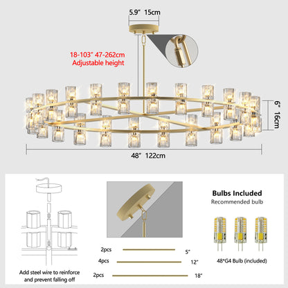 48 Inch Gold Wagon Wheel Chandelier with Crystal Shade, 48 Lights, Modern Farmhouse Style, Ideal for Dining Room, Kitchen, Entryways