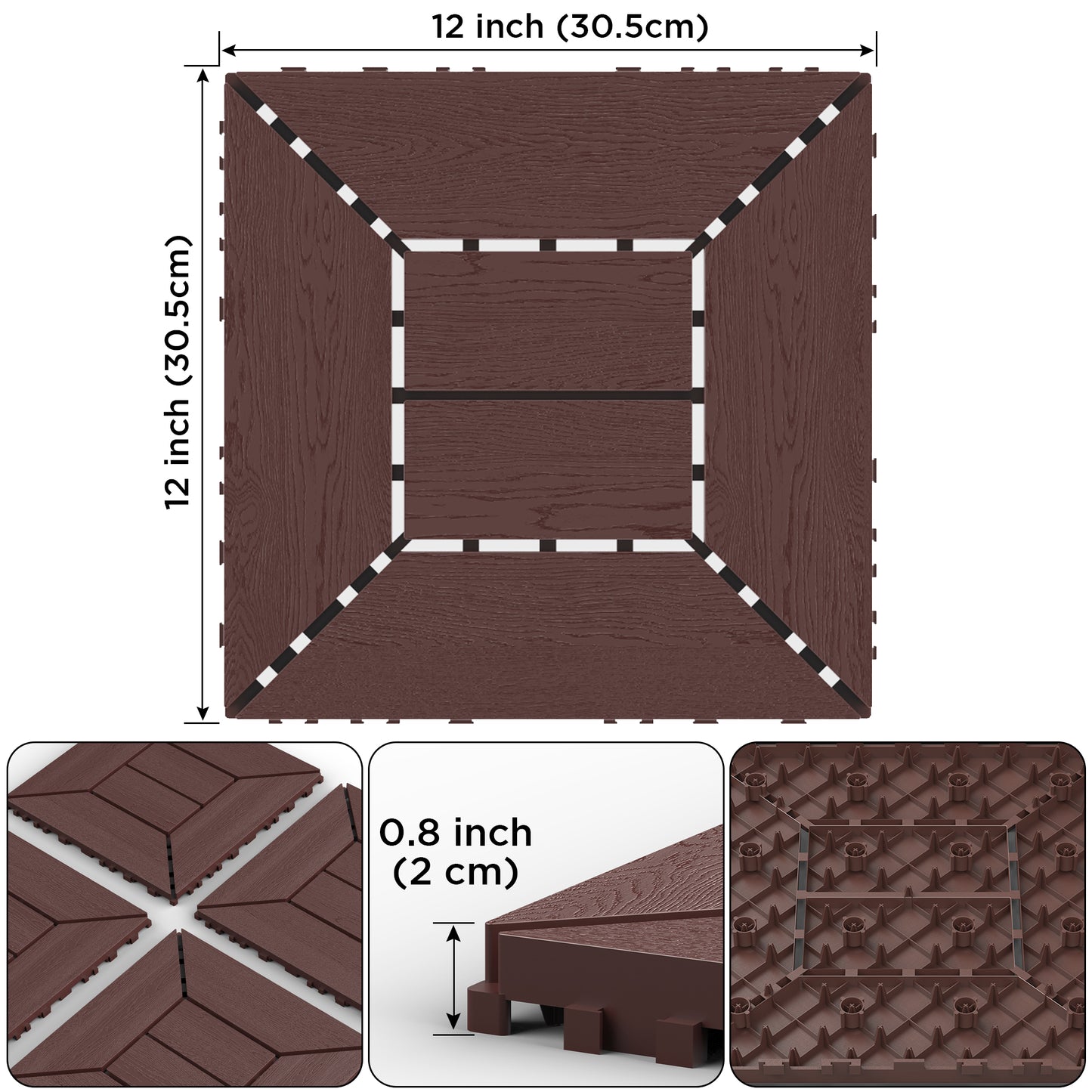 New 12 inch balcony deck tiles, DIY interlocking deck floor tiles, indoor and outdoor floor tiles, easy to install patio tiles, suitable for poolside balcony, backyard, 44 pieces  brown