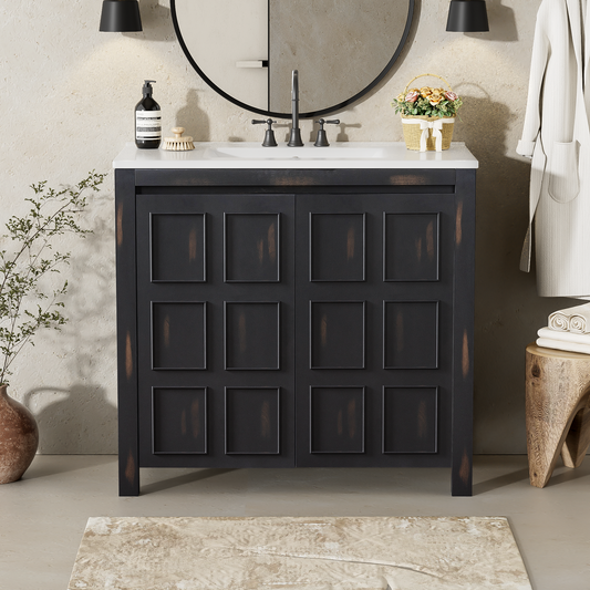 36 " Bathroom Vanity Organizer with Ceramic Sink, Set Bathroom Storage Cabinet, Vintage Espresso