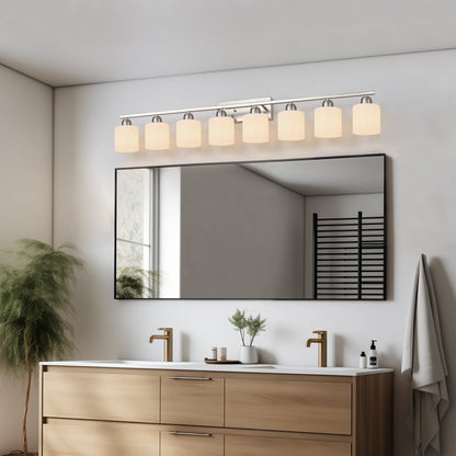 8-Light Bathroom Light Fixtures, 52inch Nickel Vanity Light with Milky White Glass Shade, Modern Bathroom Wall Lights Over Mirror, Farmhouse Wall Sconces Lighting for Bedroom Living Room