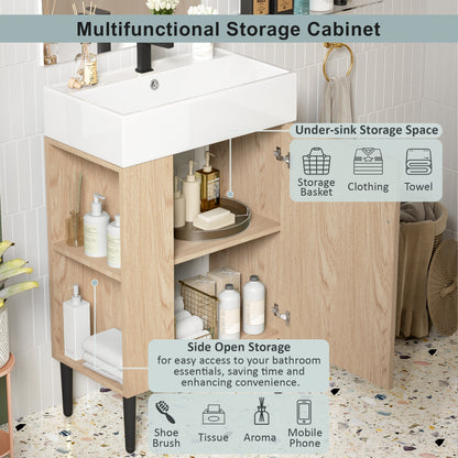 21.6" Wood Bathroom vanity, Combo Cabinet, Bathroom Storage Cabinet, Single Ceramic Sink, Left side storage
