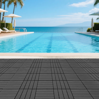 Plastic interlocking decking tiles, 44 packs of terrace decking tiles, 12 inches x 12 inches waterproof for all-weather use, backyard pool decking tiles, dark gray