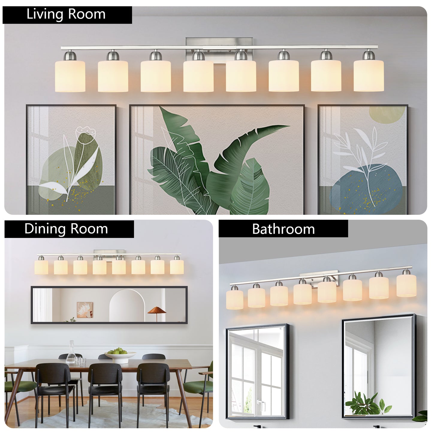 8-Light Bathroom Light Fixtures, 52inch Nickel Vanity Light with Milky White Glass Shade, Modern Bathroom Wall Lights Over Mirror, Farmhouse Wall Sconces Lighting for Bedroom Living Room