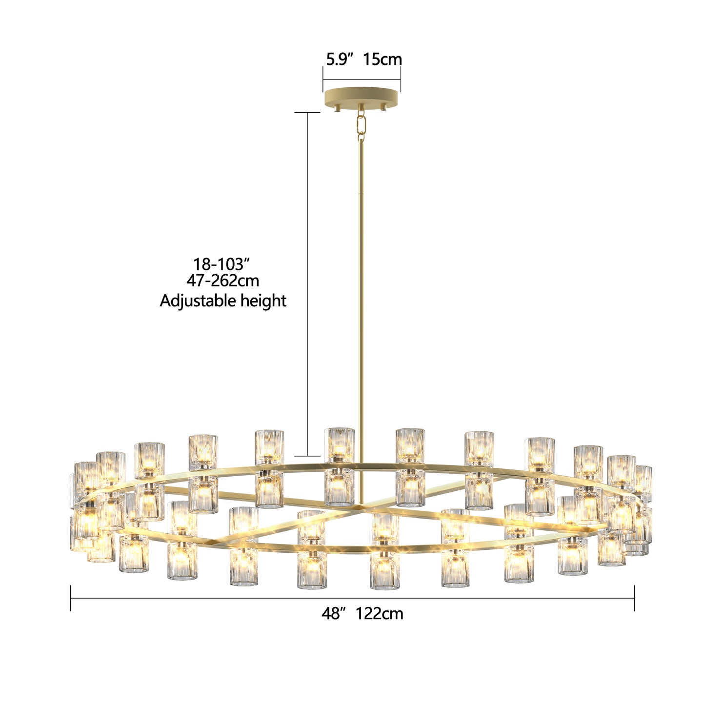 48 Inch Gold Wagon Wheel Chandelier with Crystal Shade, 48 Lights, Modern Farmhouse Style, Ideal for Dining Room, Kitchen, Entryways