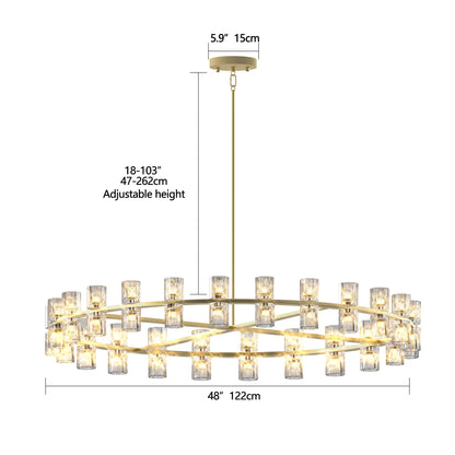 48 Inch Gold Wagon Wheel Chandelier with Crystal Shade, 48 Lights, Modern Farmhouse Style, Ideal for Dining Room, Kitchen, Entryways