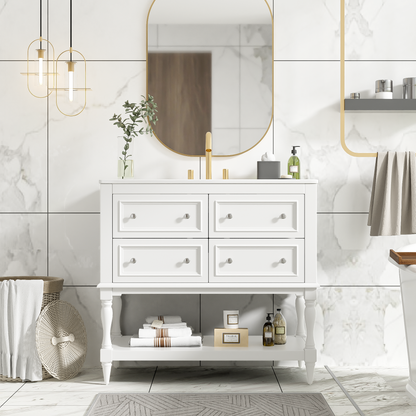 36" Bathroom Vanity Cabinet with Sink Combo Set, Undermount Ceramic Sink, Free Standing Vanity Set with 4 Drawers, Solid Wood Frame Bathroom Cabinet, White
