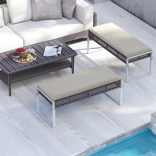 43 Inch Patio Rectangle Ottoman Pack of 2 with Metal Legs and Seat Cushion-Beige