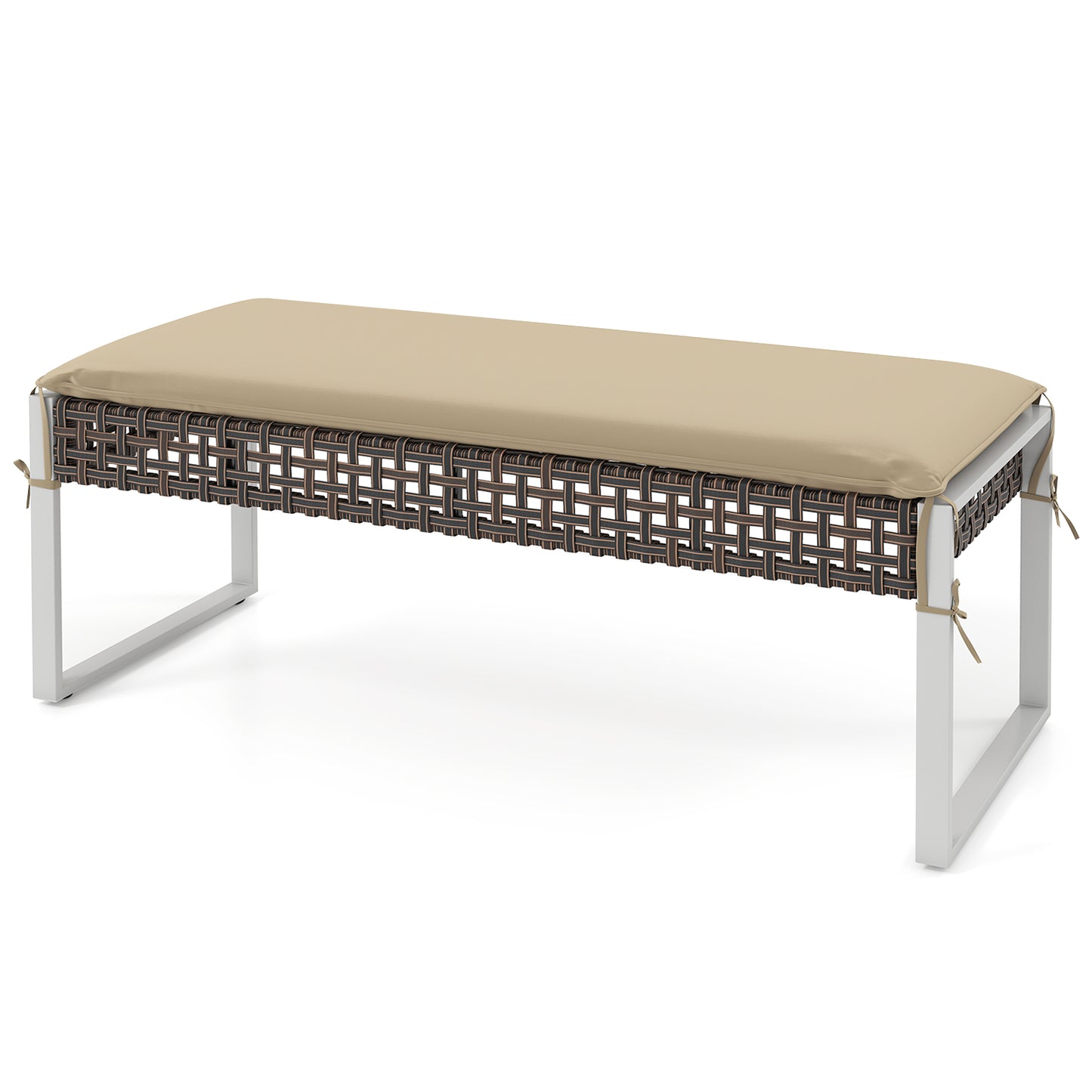 43 Inch Patio Rectangle Ottoman with Metal Legs and Seat Cushion-Beige