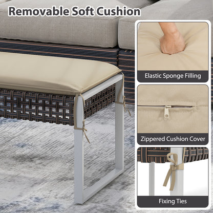 43 Inch Patio Rectangle Ottoman with Metal Legs and Seat Cushion-Beige