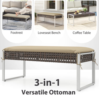 43 Inch Patio Rectangle Ottoman with Metal Legs and Seat Cushion-Beige
