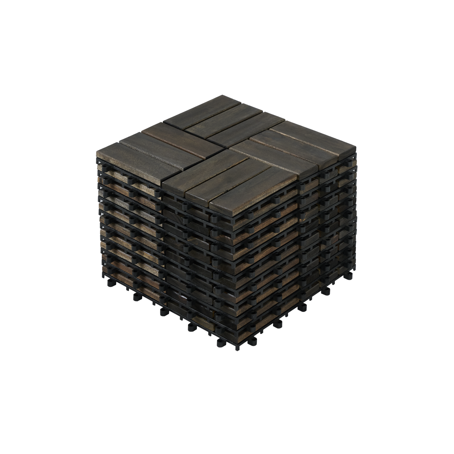 Acacia Wood Interlocking Deck Tiles Checker Pattern, 10PCS 12" x 12" Square Dark Brown Acacia Hardwood Outdoor Flooring for Patio, Bancony, Pool Side