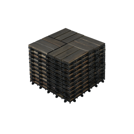 Acacia Wood Interlocking Deck Tiles Checker Pattern, 10PCS 12" x 12" Square Dark Brown Acacia Hardwood Outdoor Flooring for Patio, Bancony, Pool Side