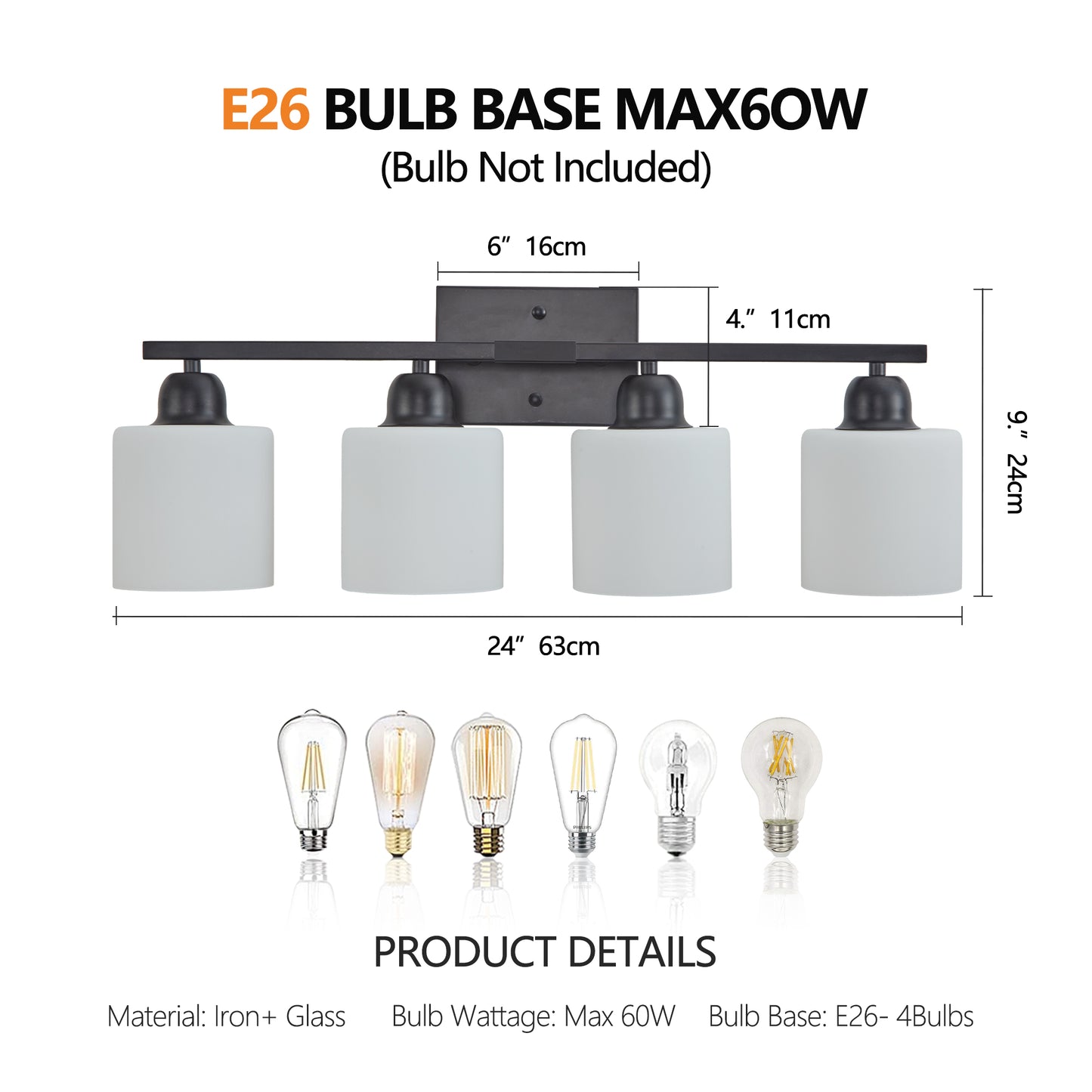 Black Bathroom Light Fixtures, 4-Light Modern Vanity Light Over Mirror, Wall Sconces with Milky White Frosted Glass Shades, E26 Socket (Bulbs Not Included)